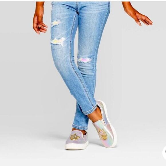 Cat & Jack Skinny Stretch Distressed Jeans with Flip Sequins | Size 6X - Picture 1 of 5